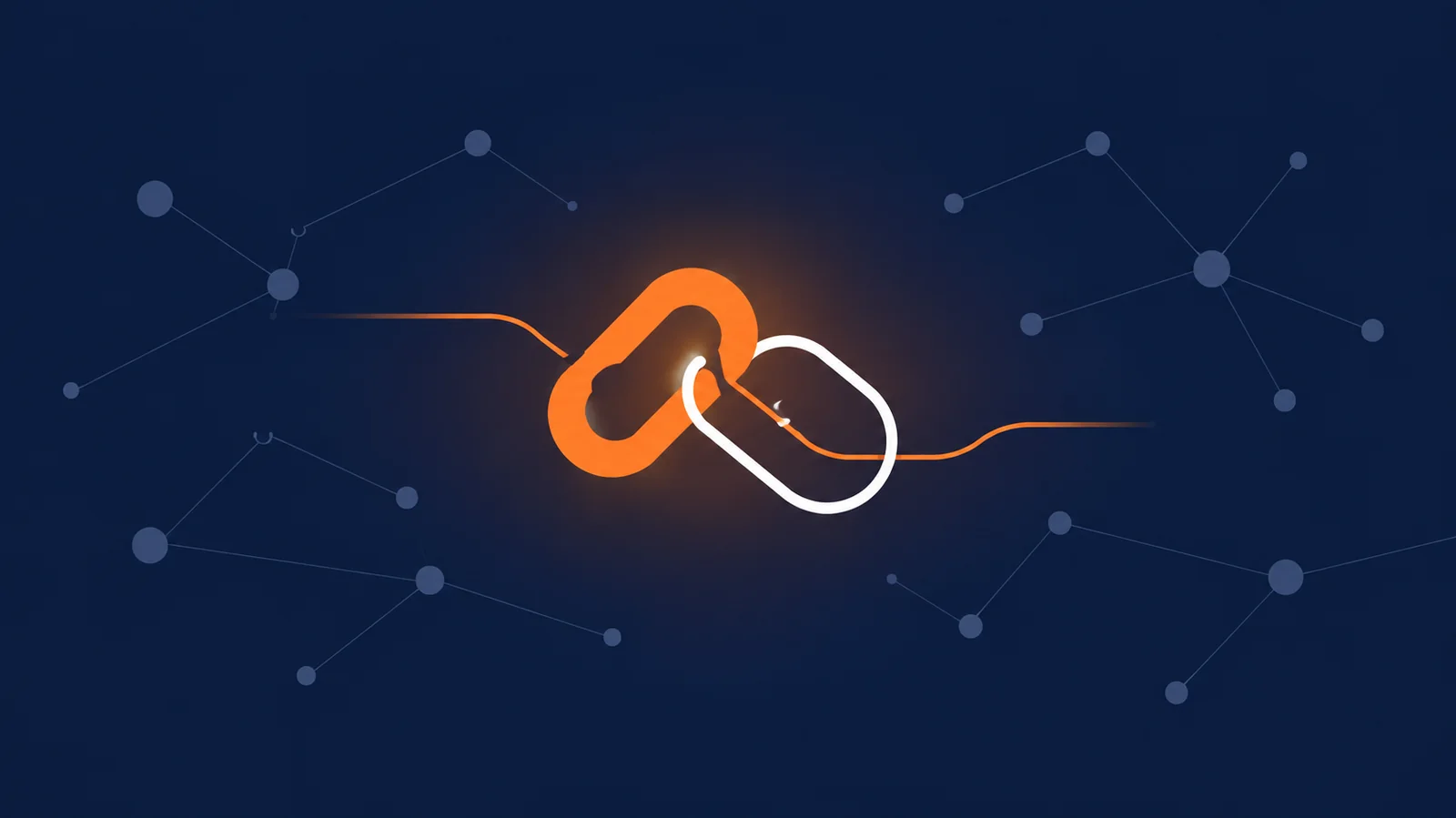 Illustration of orange and white chain links connected within a network diagram, representing absolute and relative link structure for SEO