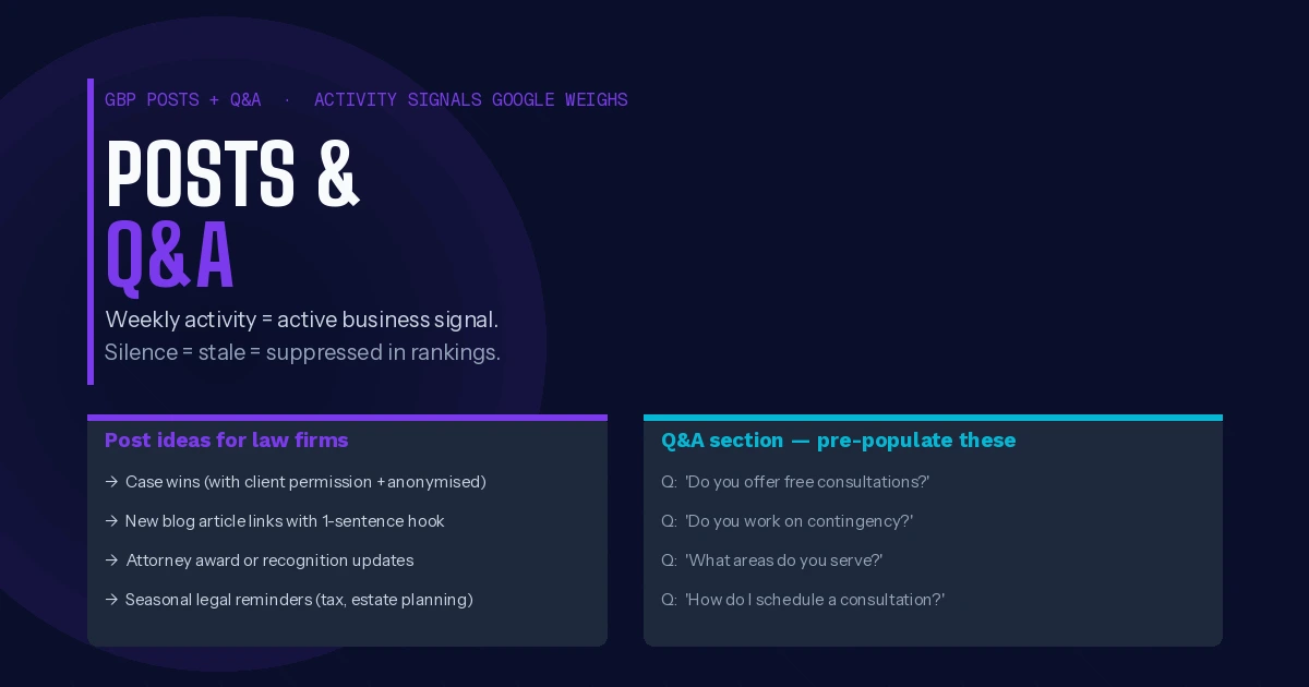 GBP posts and Q&A for law firms - activity signals local ranking 2026 