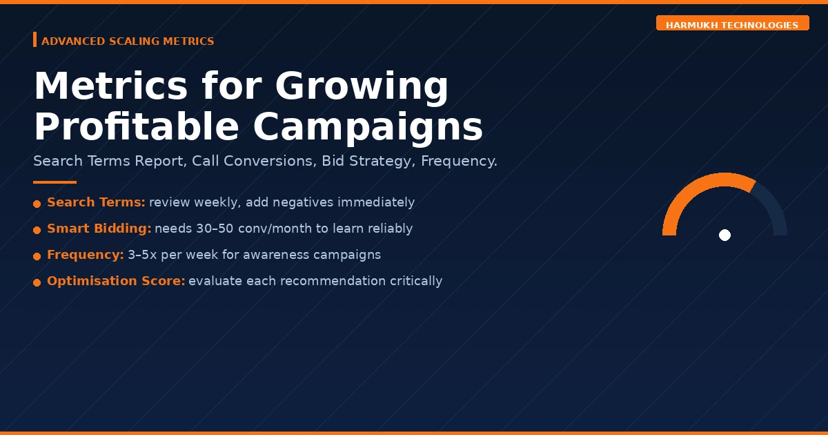 Advanced Google Ads metrics for scaling in 2026 — search terms report, call conversions, bid strategy type, frequency, and optimisation score with scaling strategy context
