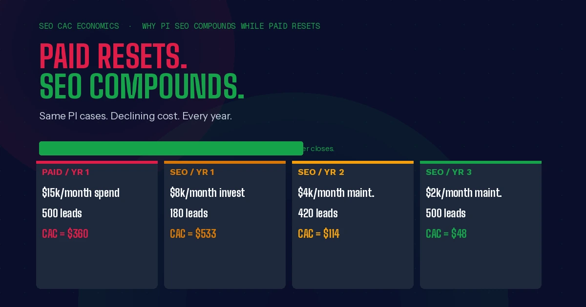 Personal injury SEO CAC economics - compounding returns vs paid ads 2026 