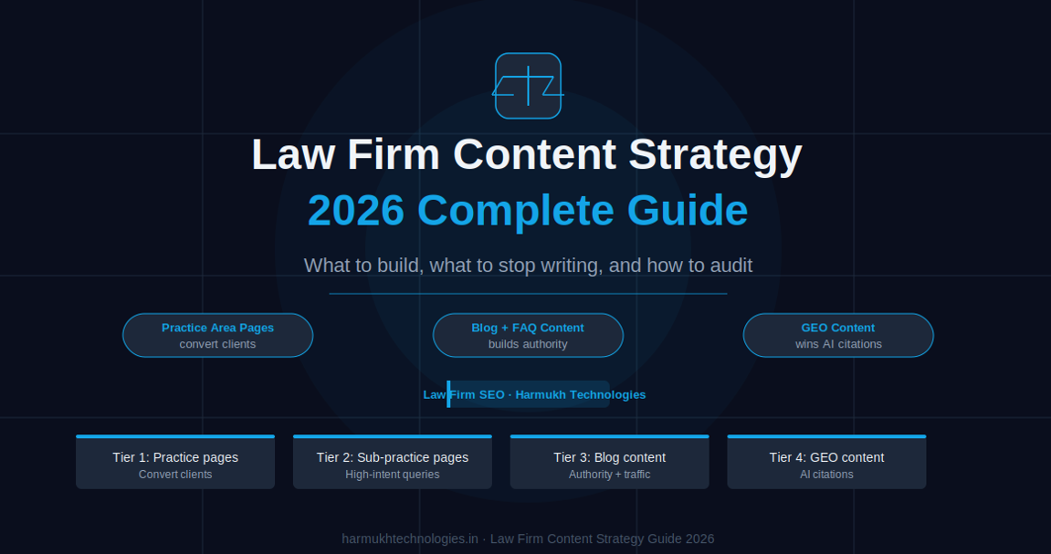 Law Firm Content Strategy 2026 Complete Guide — practice area pages that convert clients, blog and FAQ content that builds topical authority, and GEO content structured for AI citations in ChatGPT Gemini and Google AI Overviews