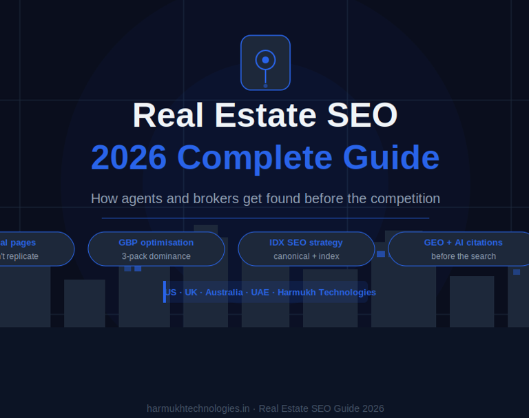 Real Estate SEO 2026 Complete Guide — how estate agents and brokers get found before the competition using hyperlocal neighbourhood pages, GBP optimisation for 3-pack dominance, IDX SEO canonical strategy, and GEO content for AI citations across US UK Australia and UAE markets