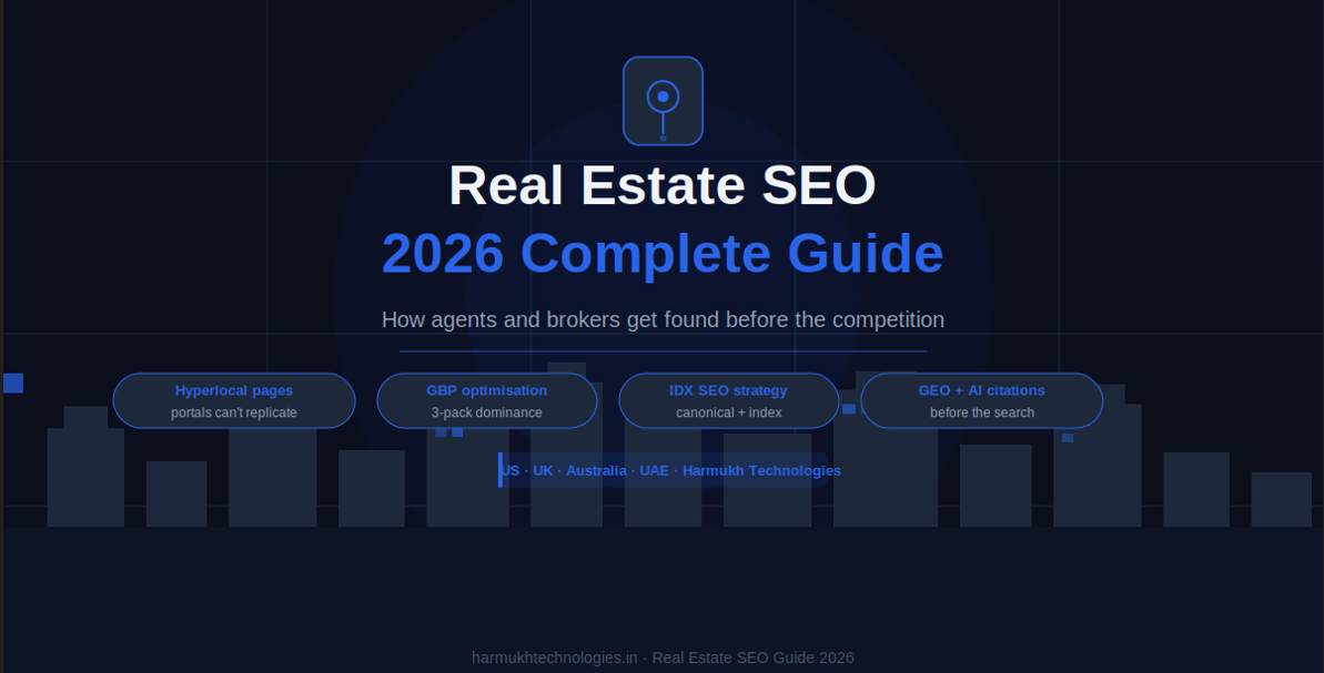 Real Estate SEO 2026 Complete Guide — how estate agents and brokers get found before the competition using hyperlocal neighbourhood pages, GBP optimisation for 3-pack dominance, IDX SEO canonical strategy, and GEO content for AI citations across US UK Australia and UAE markets