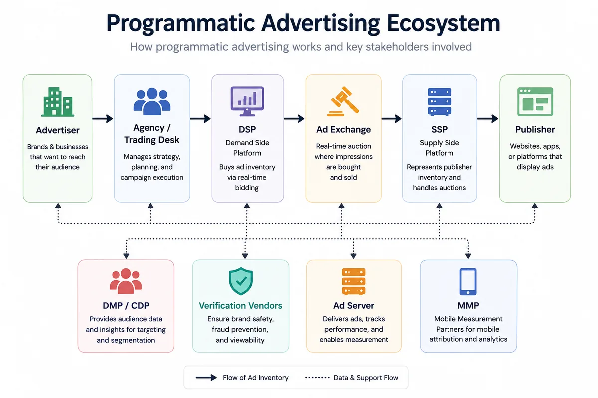 Programmatic advertising ecosystem diagram showing advertiser, agency, DSP, ad exchange, SSP, and publisher flow