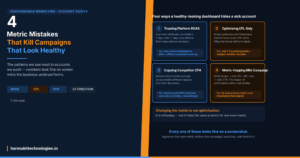 Infographic highlighting four common marketing metric mistakes that make campaigns look successful while hiding poor business performance, with practical fixes for each.