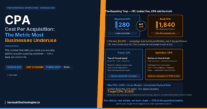 Infographic explaining Cost Per Acquisition (CPA), comparing reported CPL with real CPA and showing why CPA is the key metric for measuring true campaign profitability. 