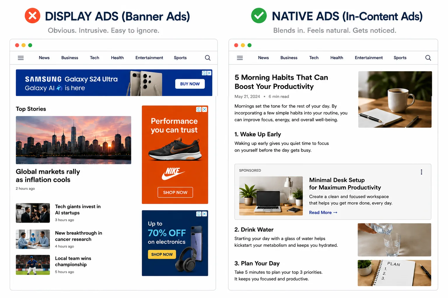 Display ads vs native ads comparison showing banner ads versus in-content native ads