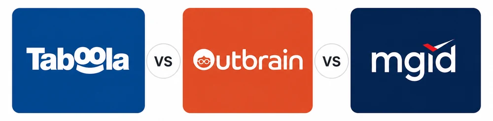 Taboola vs Outbrain vs MGID logos side by side, comparing three native advertising platforms