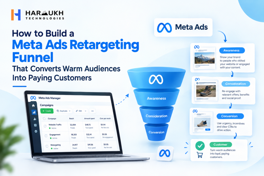 Harmukh Technologies blog graphic explaining how to build a Meta Ads retargeting funnel, showing Awareness, Consideration, and Conversion stages that turn warm audiences into paying customers.