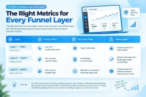Infographic titled "The Right Metrics for Every Funnel Layer" outlining primary metrics, secondary metrics, and warning signals for Top of Funnel (TOFU), Middle of Funnel (MOFU), and Bottom of Funnel (BOFU) ad campaigns, alongside an Ads Manager dashboard illustration.