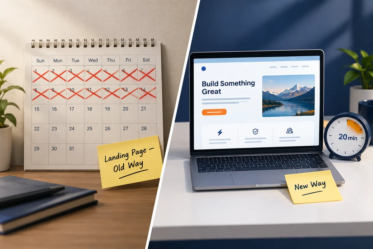 Split image comparing old marketing workflow with a two-week crossed-out calendar versus new AI workflow with a finished landing page built in 20 minutes