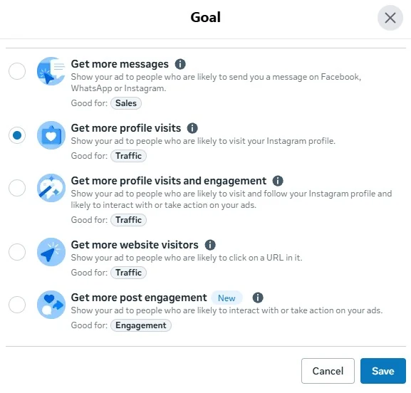 Instagram Promote goal selection screen showing Get more messages, profile visits, website visitors, and post engagement options