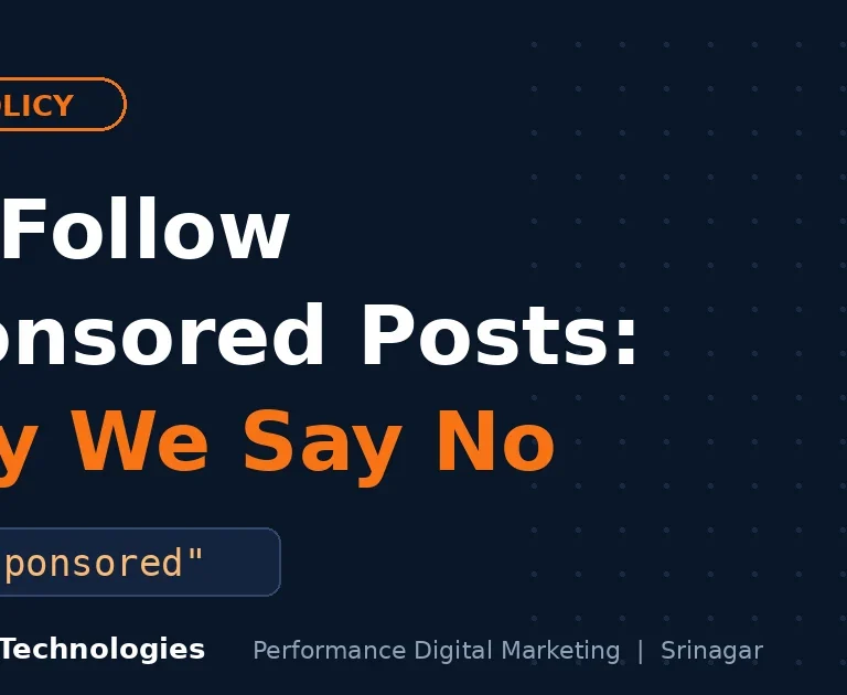 Do-Follow Sponsored Posts: Why We Say No, with a rel sponsored code chip on a navy background