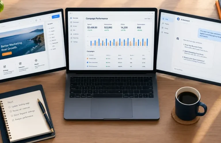 Laptop showing a marketing agency website with three linked panels for campaign performance, website builder, and AI assistant chat