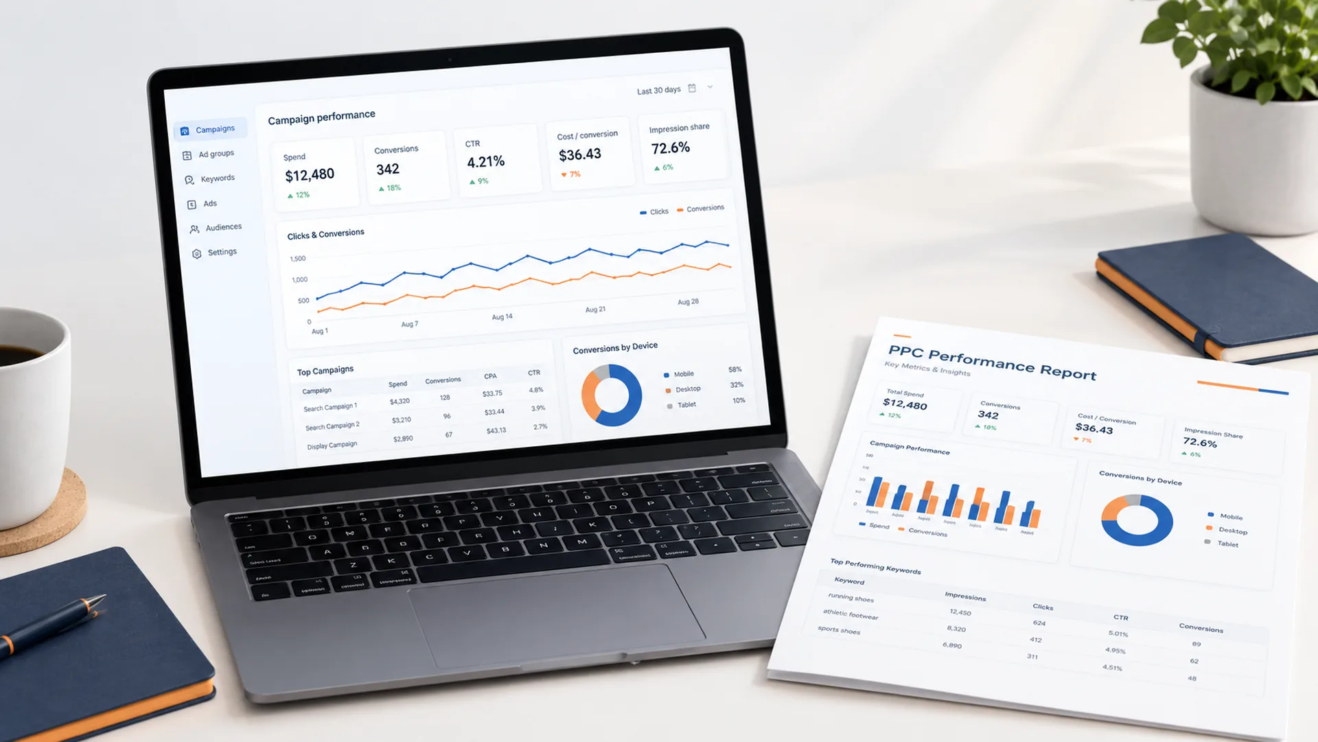 Laptop displaying a Google Ads campaign performance dashboard next to a printed PPC performance report