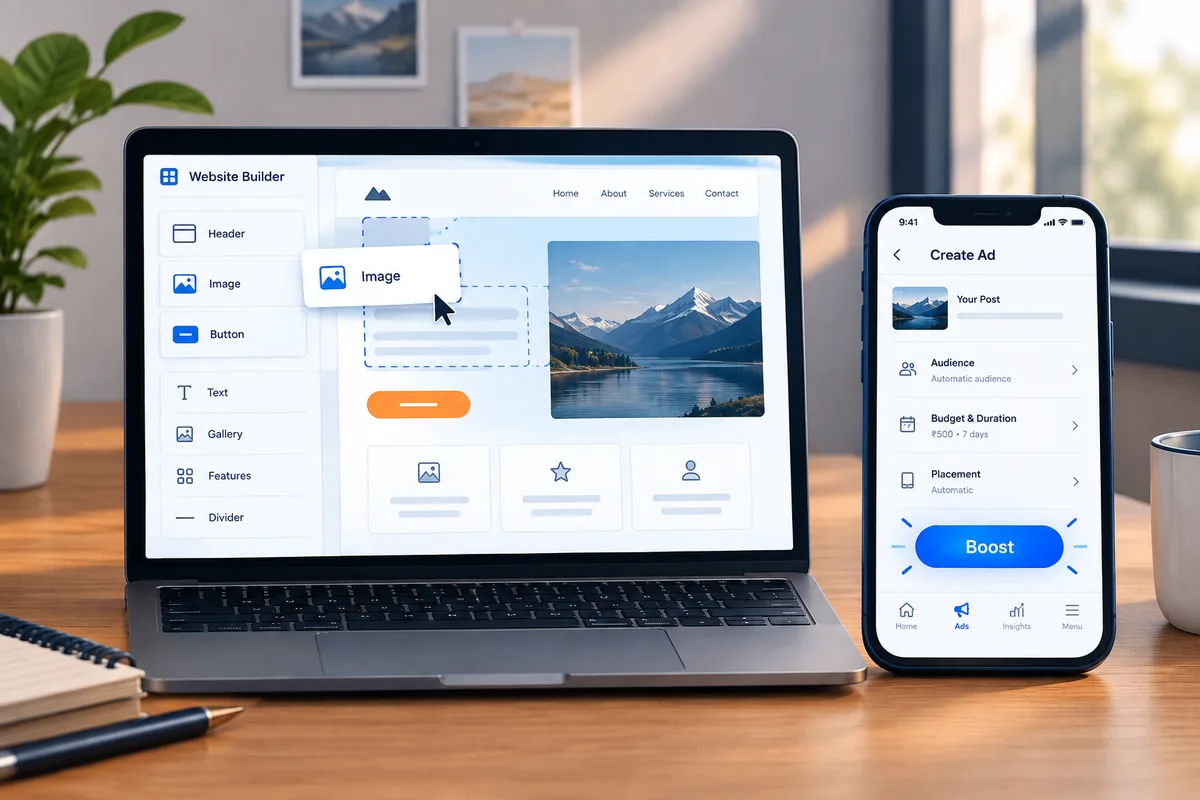 Laptop showing a drag-and-drop website builder next to a phone showing a simple ad creation app with a boost button