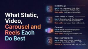 Infographic comparing when to use Static Image, Short Video, Carousel, and Reels in Meta Ads, including best practices and watches-out for each.