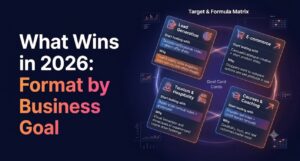 Infographic showing recommended 2026 Meta Ads formats and strategies across four key business types.