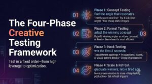 An infographic outlining "The Four-Phase Creative Testing Framework" (Concept, Format, Hook, Scale & Refresh) on a dark, futuristic background with glowing icons and a numbered sequential pipeline.