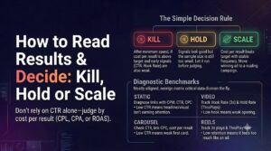 Infographic on a dark, futuristic background outlining "How to Read Results & Decide: Kill, Hold or Scale" for Meta Ads, featuring decision rules (Kill, Hold, Scale) and diagnostic benchmarks for Static, Video, Carousel, and Reels formats