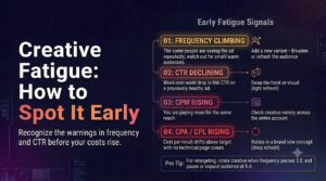 illustrating "Creative Fatigue: How to Spot It Early" for Meta Ads, detailing 4 key warning signals (Frequency, CTR, CPM, CPA) and action steps on a dark tech background.