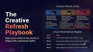 Infographic illustrating "The Creative Refresh Playbook" for Meta Ads, showing three refresh tiers (Hook Swap, Format Remix, New Concept) and a four-week operational cadence on a dark tech background.