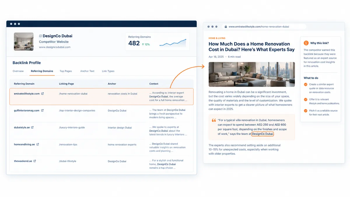 Competitor backlink report beside the Dubai renovation article that linked to the competitor after quoting its experts
