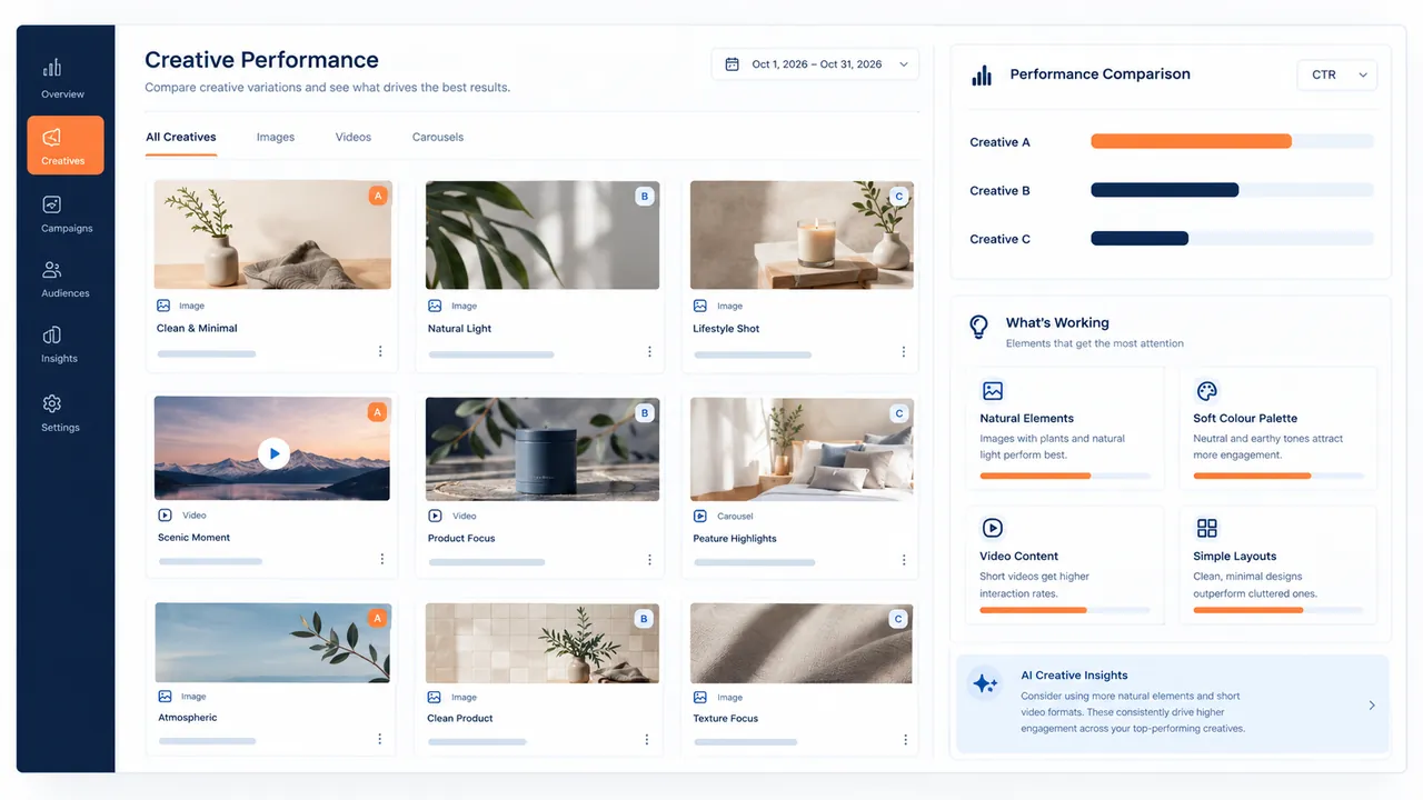 Creative performance grid comparing image, video and carousel ad variations labelled A, B and C