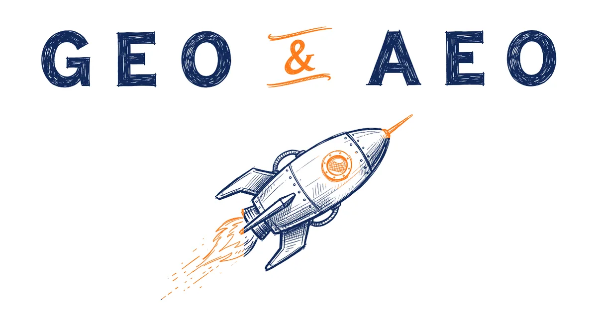 Hand-drawn navy and orange rocket launching beneath the words GEO & AEO, symbolising rising demand for AI search experts