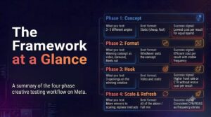 Infographic summarising the "Framework at a Glance" for Meta Ads, showing what to test, the best format, and the success signals for Concept, Format, Hook, and Scale & Refresh phases on a dark tech background.