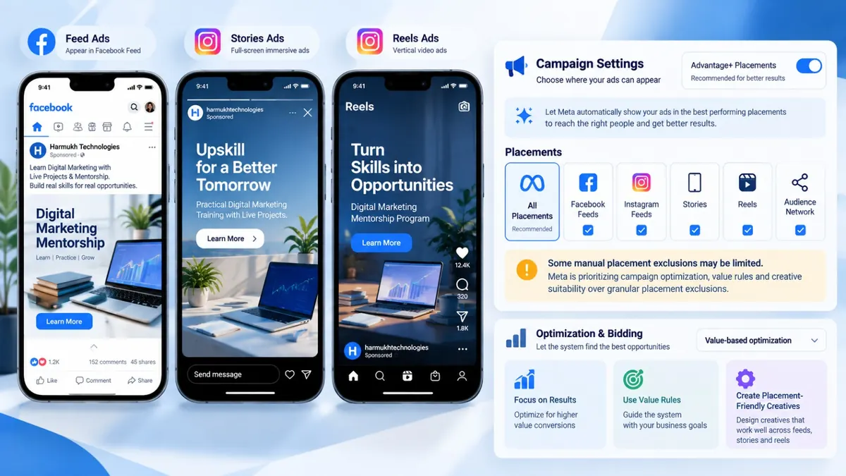 Meta Ads campaign settings with Advantage+ Placements turned on, ad previews for Facebook Feed, Instagram Stories and Reels, and a note that manual placement exclusions may be limited