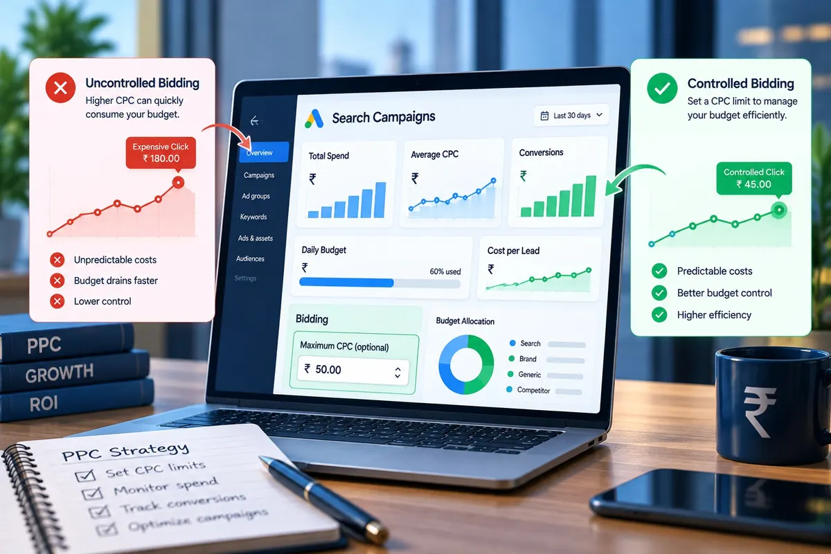 Comparison of uncontrolled bidding with high cost per click against controlled bidding with a maximum CPC limit set in a search campaign